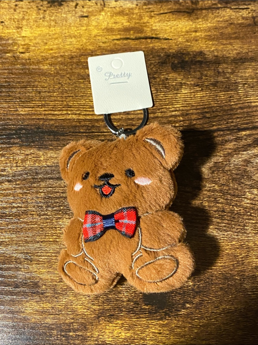 Pretty Brown Bear Plush Keychain with Red Bow